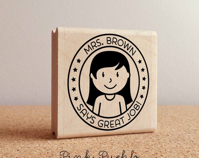 Personalized Female Teacher Rubber Stamp, Custom Teacher Stamp, Personalized Teacher Gift - Choose Hairstyle and Accessories
