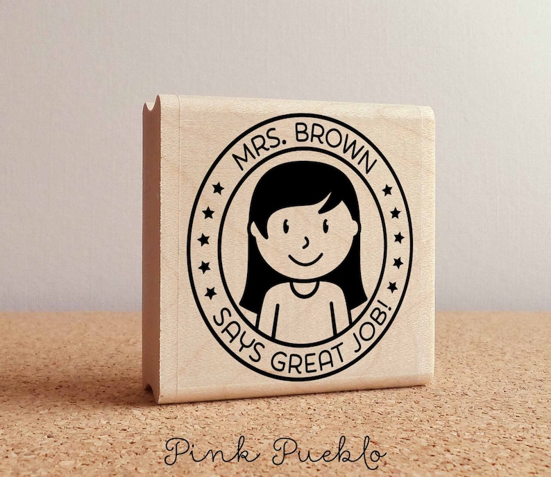 Personalized Female Teacher Rubber Stamp, Custom Teacher Stamp, Personalized Teacher Gift Choose Hairstyle and Accessories image 2
