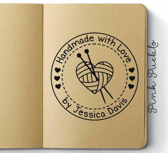 Large 3x3" Personalized Knitting Rubber Stamp, Handmade with Love Knitting Label Stamp