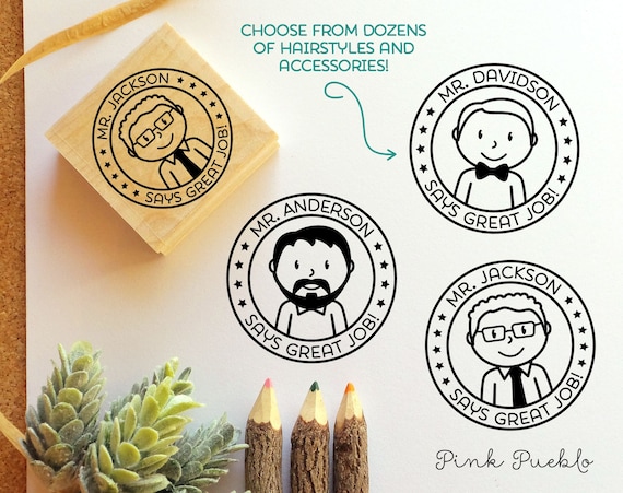 Personalized Male Teacher Rubber Stamp, Custom Teacher Stamp - Choose Text, Hairstyle