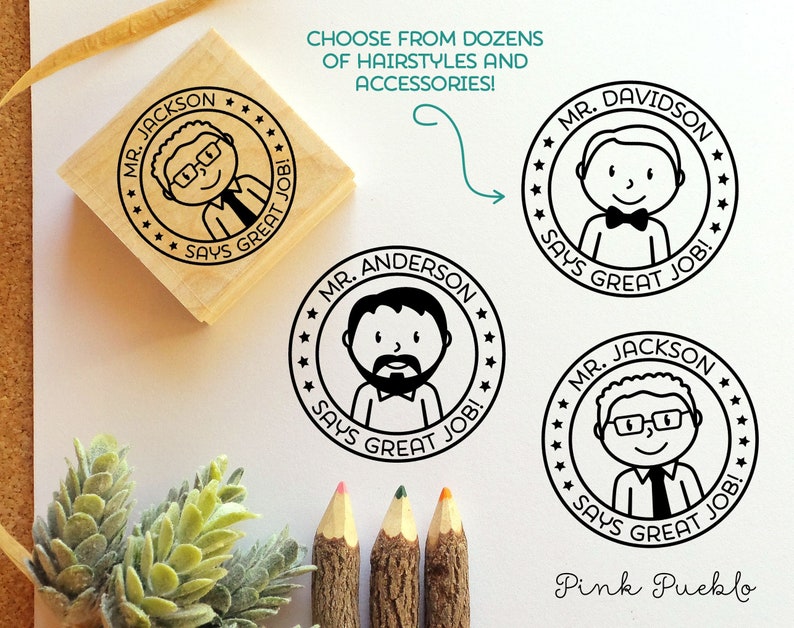 Personalized Male Teacher Rubber Stamp, Custom Teacher Stamp Choose Text, Hairstyle image 1