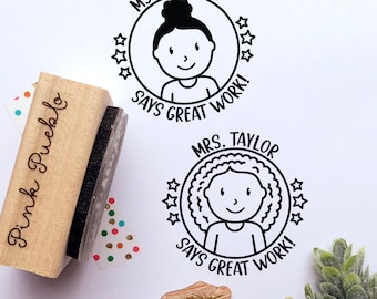 Custom Rubber Stamps for Teachers, Personalized Teacher Stamp - Choose Hairstyle and Jewelry