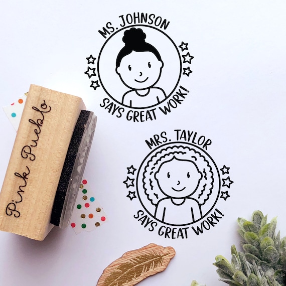 Custom Rubber Stamps for Teachers, Personalized Teacher Stamp - Choose Hairstyle and Jewelry