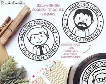 Self Inking Spanish Teacher Stamps, Spanish Teacher Gifts - Choose Hairstyle and Accessories