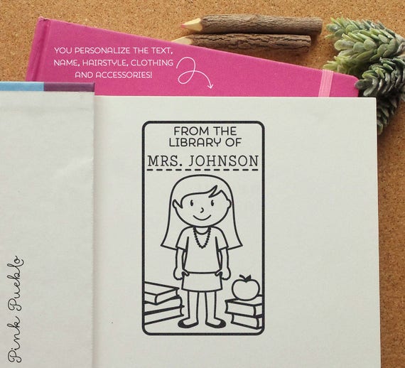 Teacher Book Stamp, Personalized Custom Bookplate Rubber Stamp, Teacher Stamps - Choose Hairstyle, Clothing and Name
