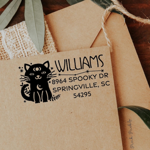 Custom Occult Cat Return Address Stamp | Personalized Witchy Kitty Stamp for Envelopes, Invitations, and Stationery