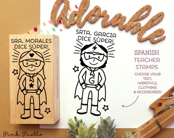 Spanish Teacher Stamps, Superhero Spanish Teacher Gift - Choose Text, Hairstyle and Accessories