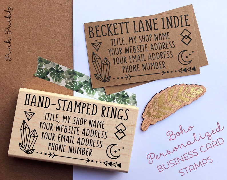 Personalized Business Boho Card Stamp, Custom Geometric Crystal Business Card Rubber Stamp, Great for Jewelry Shops 