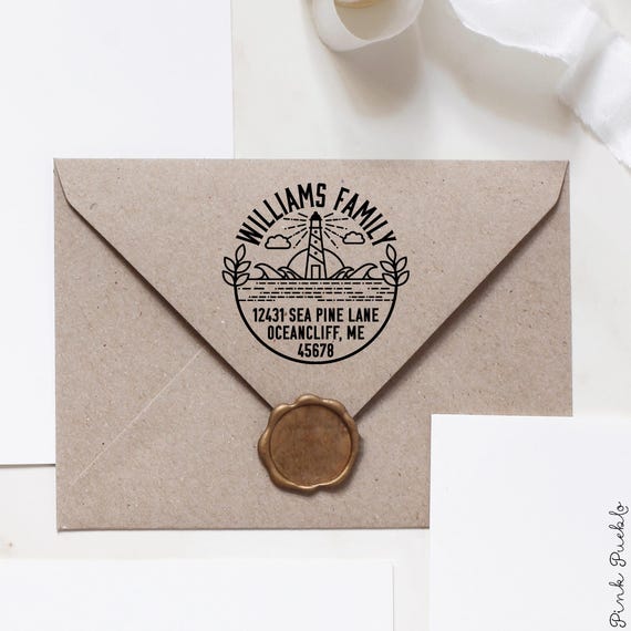 Self Inking Personalized Beach Address Stamp | Self-Inking Coastal Return Address Stamp with Ocean & Lighthouse Design