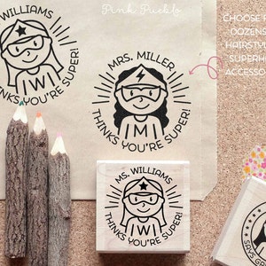 Personalized Rubber Stamp for Girls, Custom Childrens Name Rubber Stamp  Choose Hairstyle and Accessories 