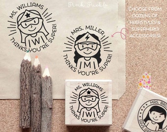 Superhero Teacher Rubber Stamp, Female Teacher Stamp, Personalized Teacher Gift - Choose Hairstyle and Accessories