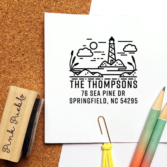 Personalized Lighthouse and Beach Coastal Address Stamp