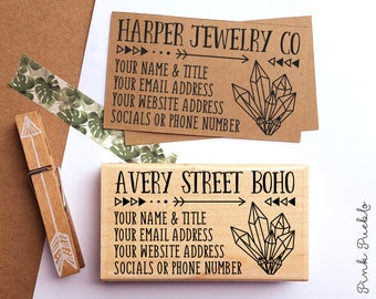 Personalized Business Card Stamp, Custom Boho Geometric Crystal Business Card Rubber Stamp, Great for Jewelry Shops