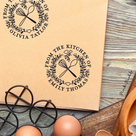 Personalized From the Kitchen of Rubber Stamp | Custom Laurel Wreath Design with Rolling Pin and Whisk | Perfect Gift for Bakers and Cooks