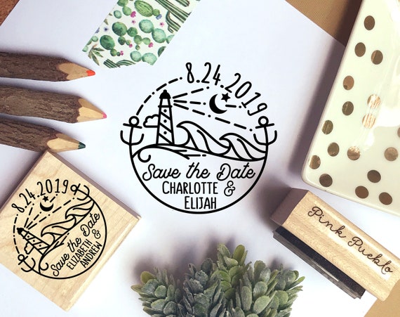 Beach Save the Date Stamp | Tropical Wedding Stamp with Lighthouse and Seashell | Nautical Destination Wedding Stamp