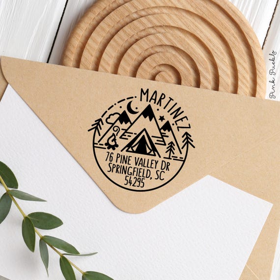 Camping Return Address Stamp, Round Address Stamp with Geometric Mountains