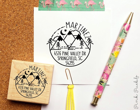 Mountain Address Stamp | Personalized Rustic Return Address Stamp with Trees | Custom Woodland Gift for Weddings and Housewarming