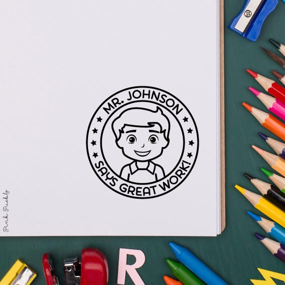 Personalized Self Inking Teacher Stamp | Custom Face Stamp for Classroom and Grading | Teacher Gift for Book Lovers