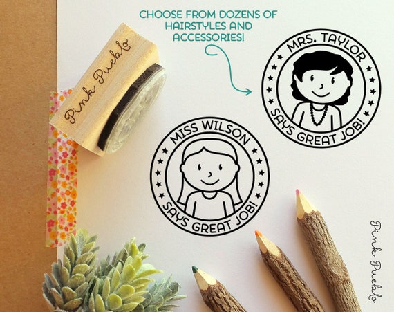 Personalized Female Teacher Rubber Stamp, Custom Teacher Stamp, Personalized Teacher Gift - Choose Hairstyle and Accessories