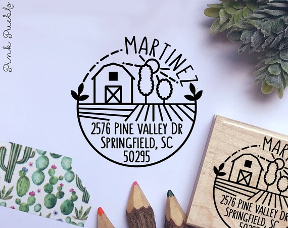 Farm Address Stamp, Return Address Stamp with Barn and Farm