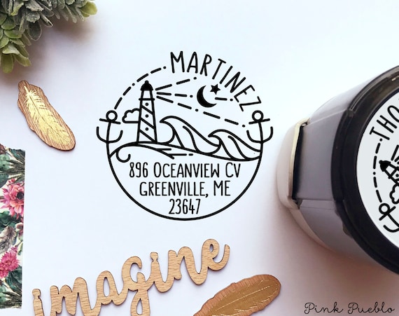 Self Inking Return Address Stamp, Round Self Inking Return Address Stamp with Beach and Lighthouse