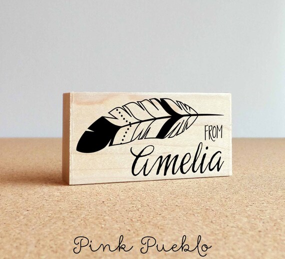 Personalized Feather Custom Rubber Stamp, Custom Rustic Tribal Name Stamp