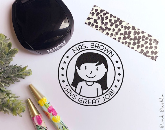 Mini Self Inking Teacher Stamp, Personalized Teacher Stamps, Teacher Gifts - Choose Hairstyle and Accessories