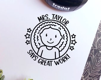 Mini Self-Inking Teacher Stamp, Personalized Teacher Rubber Stamp Gift - Choose Hairstyle and Jewelry