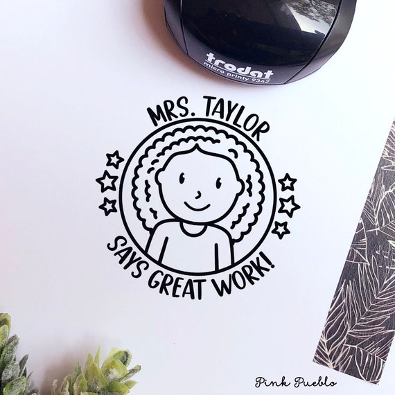 Mini Self-Inking Teacher Stamp, Personalized Teacher Rubber Stamp Gift - Choose Hairstyle and Jewelry