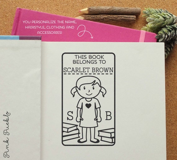 Bookplate Stamp for Kids, Personalized Custom Bookplate Rubber Stamp - Choose Hair, Clothing and Name
