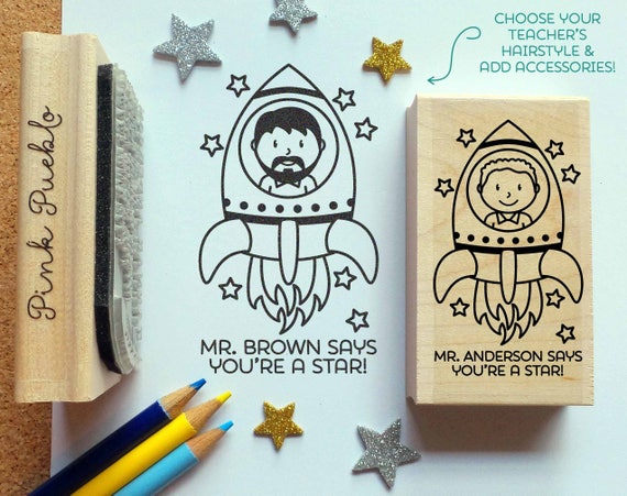 Personalized Teacher Stamp | Custom Space Teacher Gift | You Are a Star Rubber Stamp for Teachers