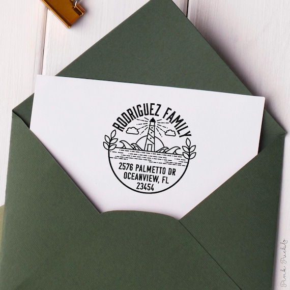 Personalized Beach Address Stamp | Custom Ocean & Lighthouse Return Address Stamp | Coastal-Themed Rubber Stamp