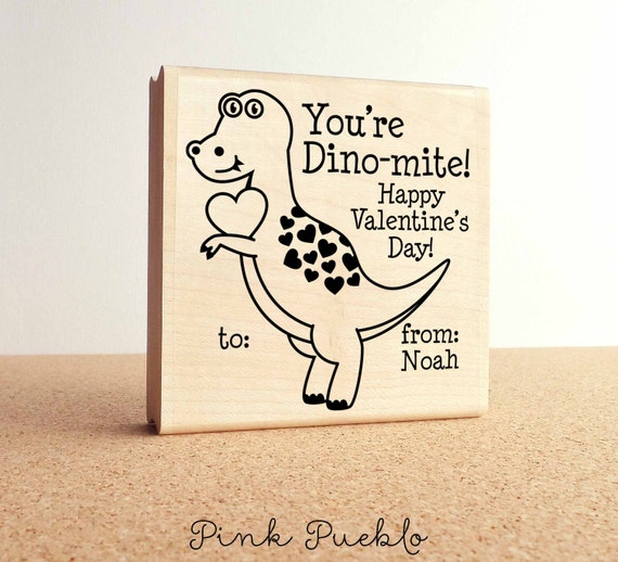 Large 3x3" Personalized Valentine Dinosaur Rubber Stamp, Custom Dinosaur Valentine's Day Stamp for kids