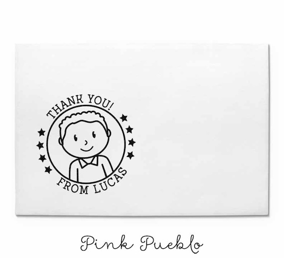 Personalized Thank You Rubber Stamp for Boys, Custom Kids Stamp - Choose Hairstyle and Accessories