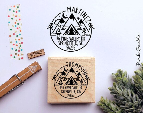 Camping Return Address Stamp, Round Address Stamp with Geometric Mountains