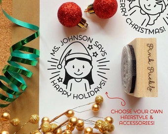 Merry Christmas from Teacher Rubber Stamp, Happy Holidays Teacher Stamp, Personalized Teacher Gift - Choose Hairstyle