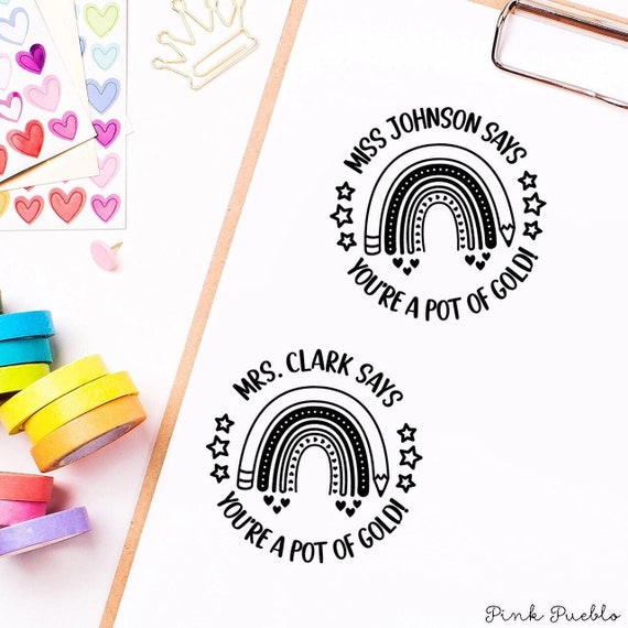 Custom Rainbow Teacher Stamp | Personalized Teacher Gift | Classroom Reward Rubber Stamp