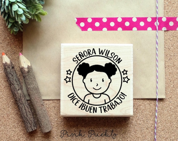Custom Spanish Teacher Stamp | Personalized Rubber Stamp Gift | Female Language Teacher Gift with Hairstyle & Accessories