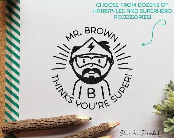 Superhero Teacher Rubber Stamp, Male Teacher Stamp, Personalized Teacher Gift - Choose Hairstyle and Accessories