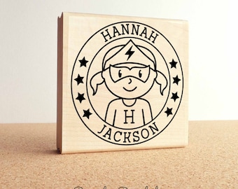 Large Personalized Superhero Girl Rubber Stamp - Choose Name, Hairstyle and Accessories