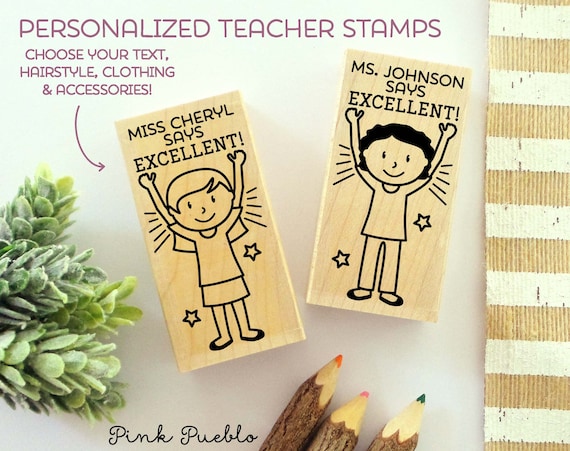 Teacher Name Stamp, Personalized Teacher Stamp, Teacher Appreciation Gift - Choose Hairstyle and Clothing