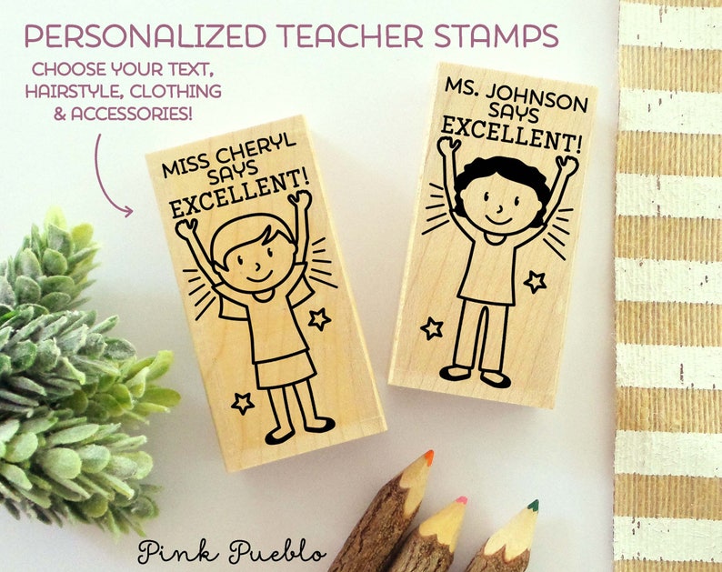 Teacher Name Stamp, Personalized Teacher Stamp, Teacher Appreciation Gift Choose Hairstyle and Clothing image 1