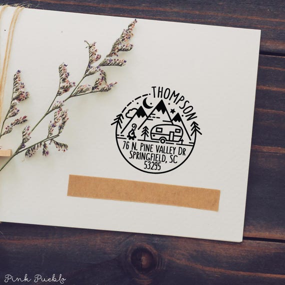 Camping Return Address Stamp | Round Custom Stamp with Camper Trailer | Travel Gifts, Camping Gifts, or Gift for Him