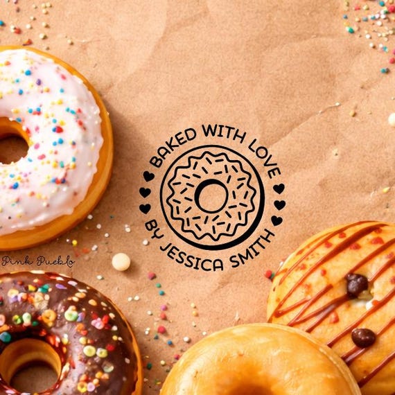 Self Inking Donut Rubber Stamp | Personalized Baked with Love Design for Bakers