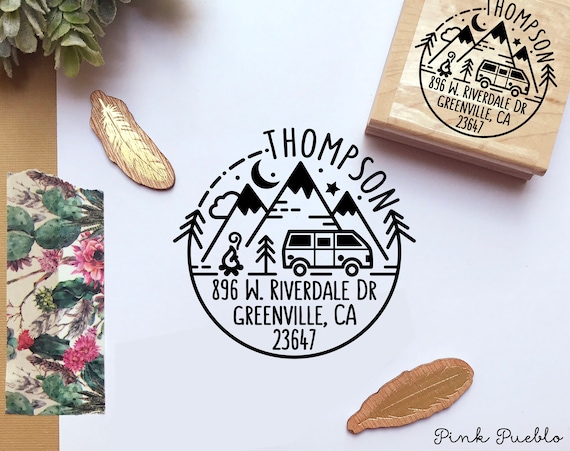 Camping Return Address Stamp, Round Address Stamp with Camper Van and Mountains