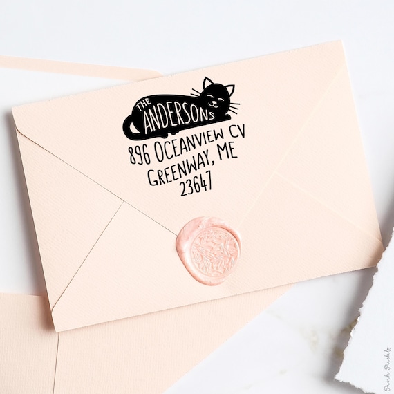 Custom Cat Address Stamp with Personalized Family Name and Address – Unique and Fun Return Address Rubber Stamp