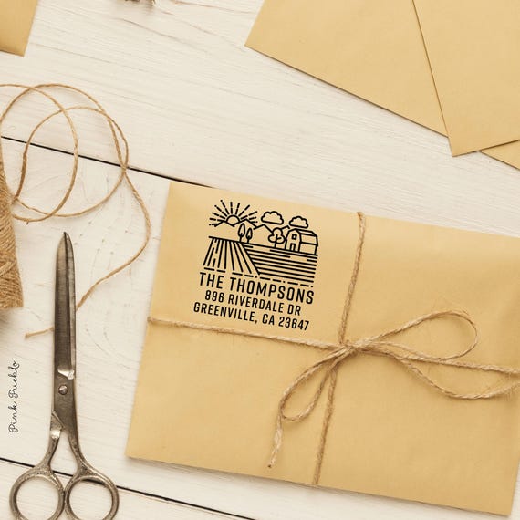 Farm and Fields Return Address Rubber Stamp | Personalized Rustic Housewarming Gift