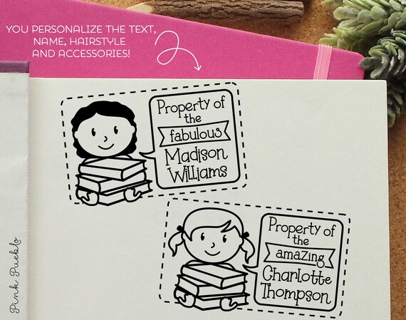 Personalized Bookplate Stamp for Girls | Custom Book Stamp with Hairstyle and Name | Back to School Gift for Girls