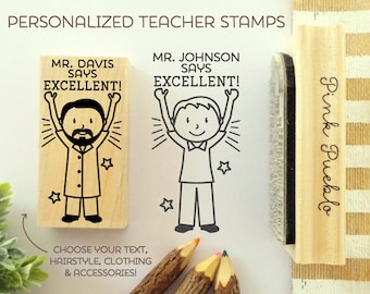 Teacher Name Stamp, Personalized Teacher Gift, Teacher Appreciation Gift - Choose Hairstyle and Clothing