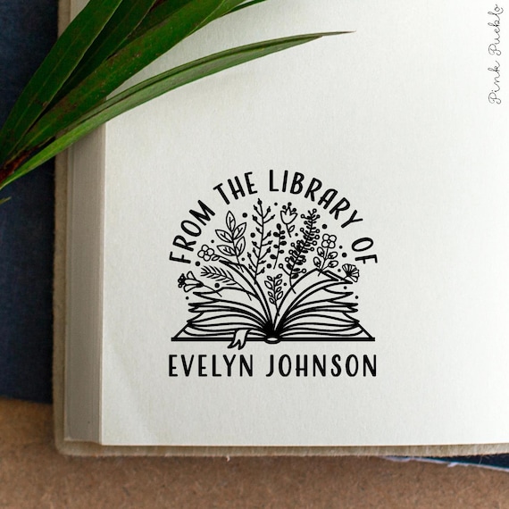 Custom Library Book Stamp | Personalized Bookplate Rubber Stamp | Floral Open Book Ex Libris Stamp for Teachers, Readers and Book Lovers